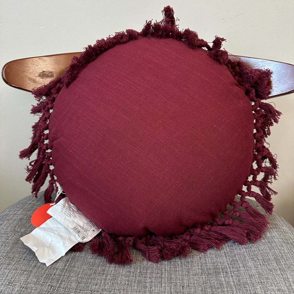 Opalhouse × Jungalow Embroidered Orange Maroon Floral Round Throw Pillow Tassel - Picture 5 of 6